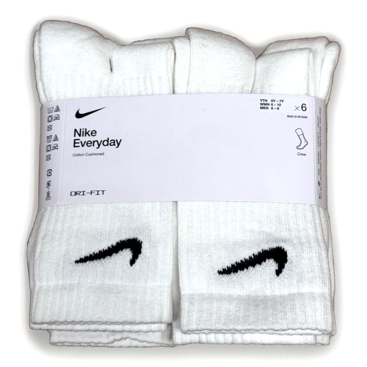 AUTHENTIC Nike Men's Everyday Training Crew Socks 6-PAIRS WHITE MEDIUM 6-8