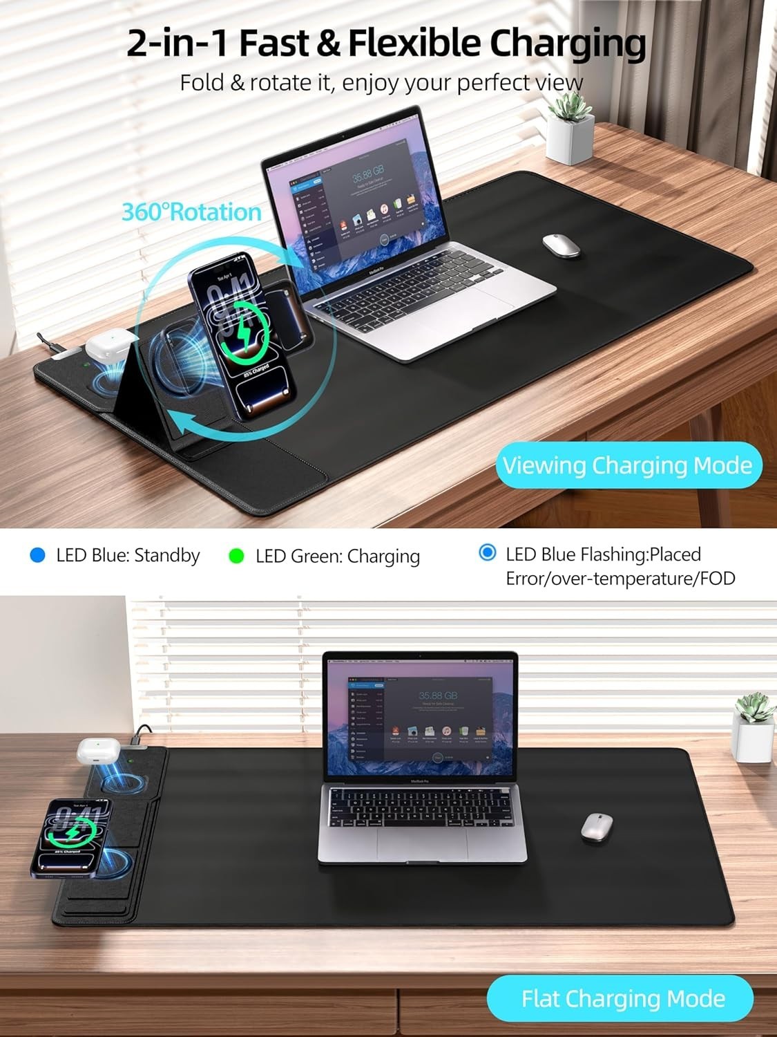 New - ABCMat Mouse Pad with Magnetic Wireless Charging & Adjustable Phone Stand,