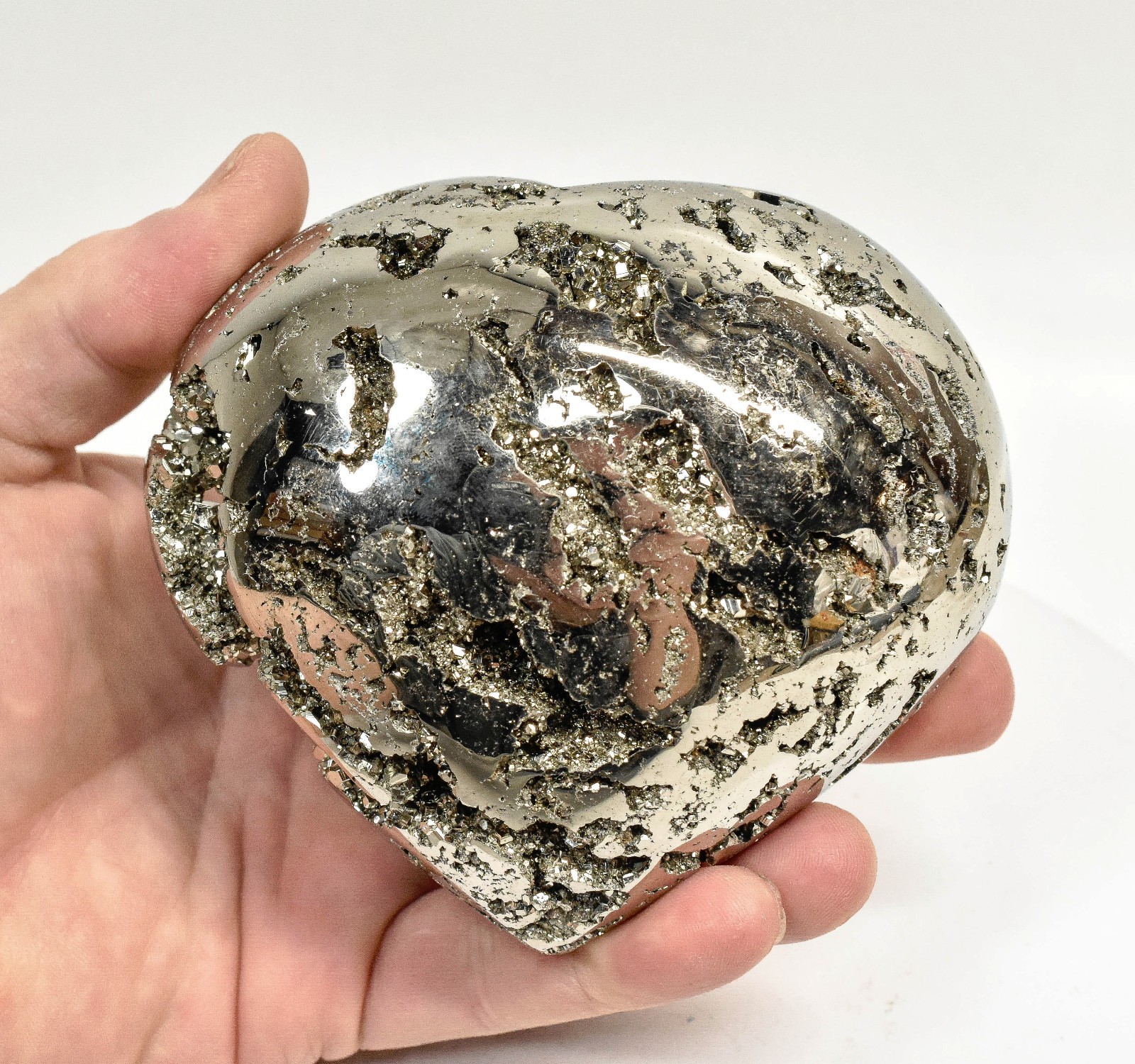 4.21" Polished PYRITE CRYSTAL HEART Carving Huanzala mine, Peru T707