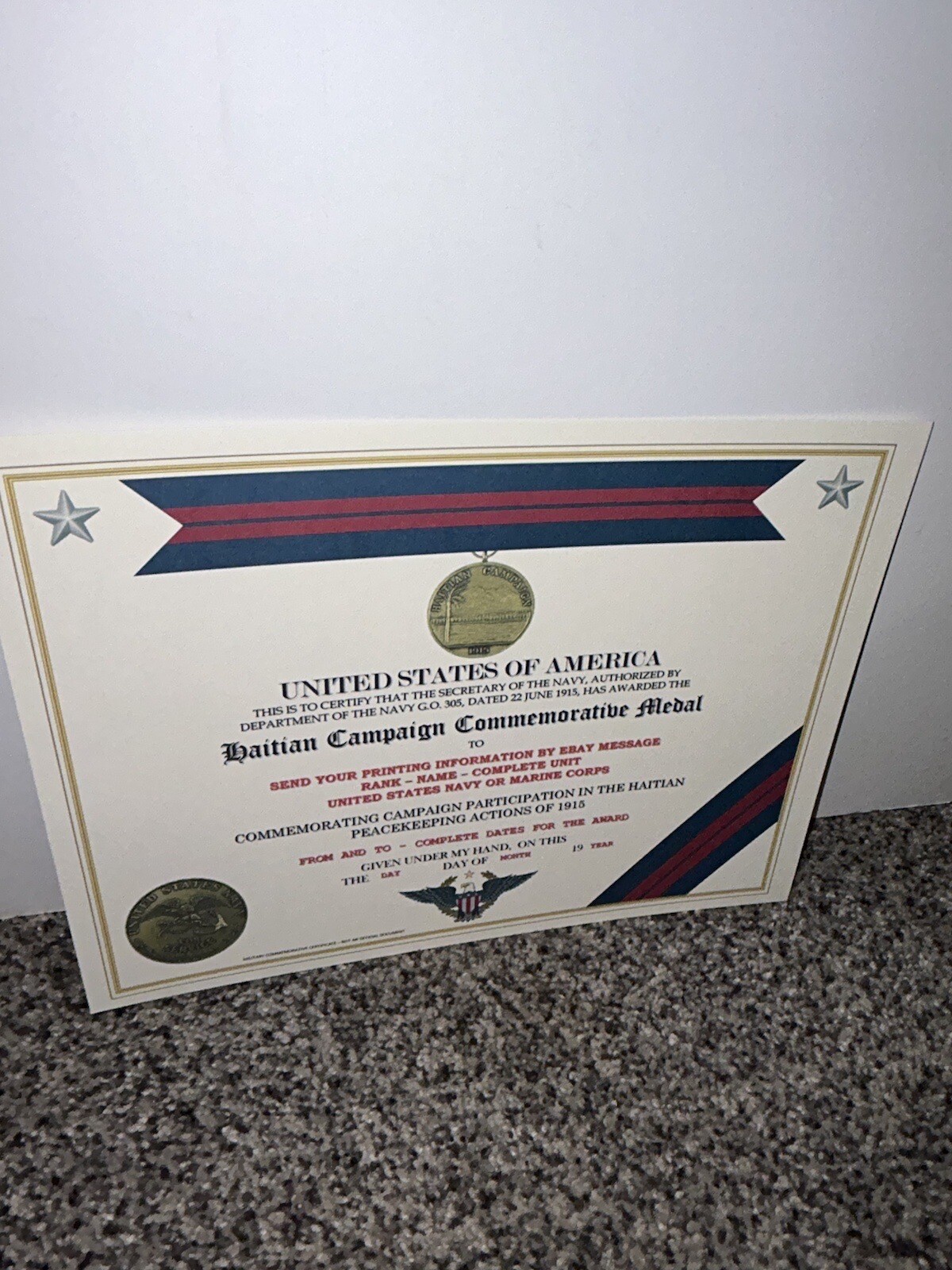 HAITIAN CAMPAIGN (NAVY) COMMEMORATIVE MEDAL CERTIFICATE ~ W/PRINTING TYPE-1