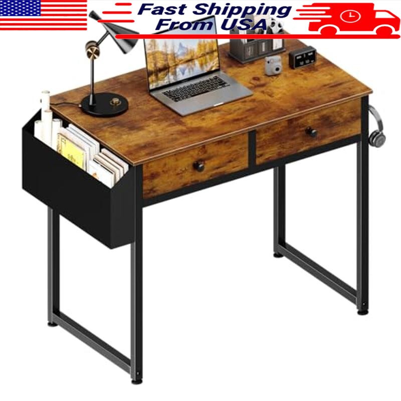 Rustic Brown Computer Desk W/ Storage Drawers Study Table Small Spaces New