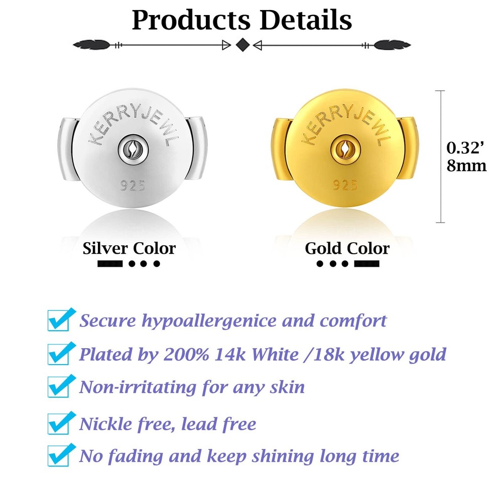 14K White Gold Locking Earring Backs Replacements, 2-Pairs 925 Sterling Silver E