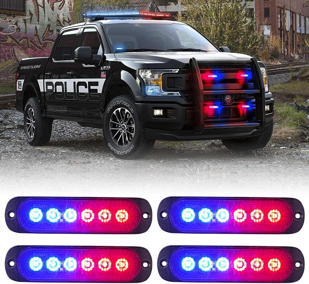 Xprite 4PCS LED Emergency Strobe Lights, Red Blue 12-LED Surface Mount Flashing