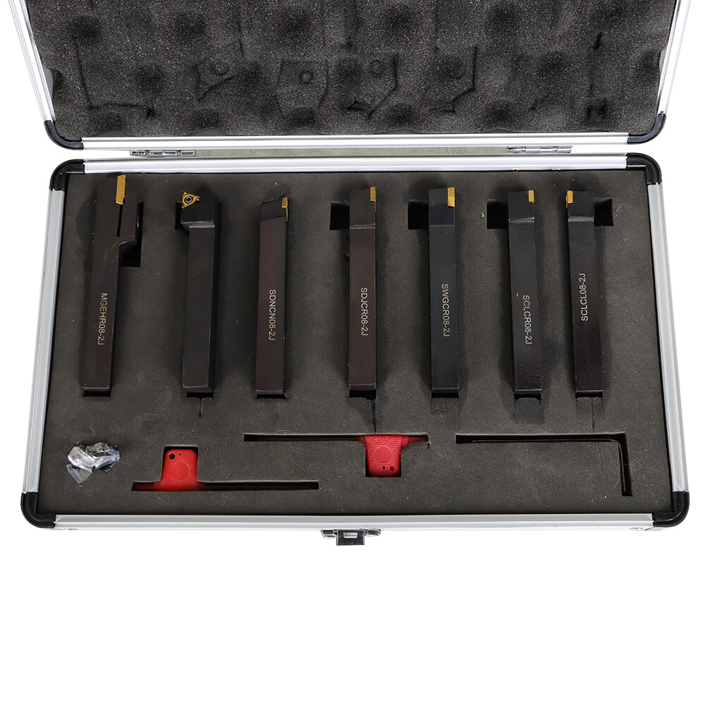 7PC Carbide Indexable Turning Tool Lathe Tool Bit Set Thread Insert+Holder 1/2"