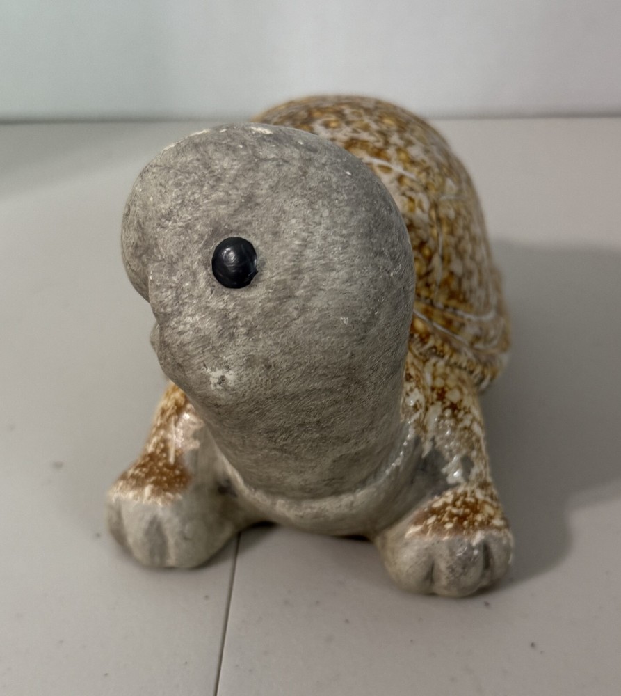 Ceramic Turtle Tortoise Figurine With Glazed Marbled Shell Clay Head Up