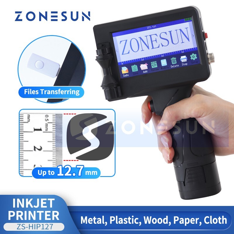 ZONESUN Handheld Inkjet Printer Touchscreen USB QR Date Coding Machine ZS-HIP127