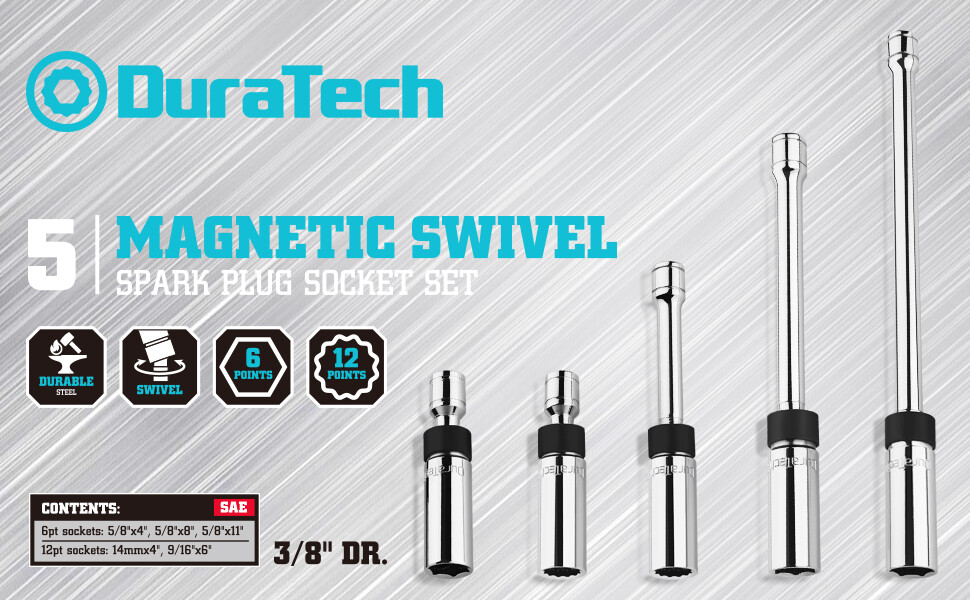 DURATECH 5 PC Magnetic Swivel Spark Plug Socket Set Magnetic Core Steel NEW