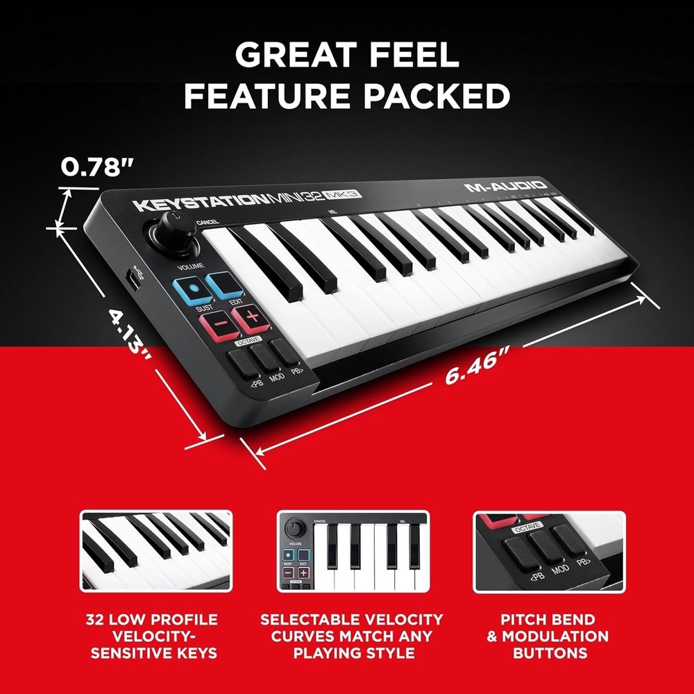 32-Key USB MIDI Controller with Velocity-Sensitive Keys for Effortless Music ...