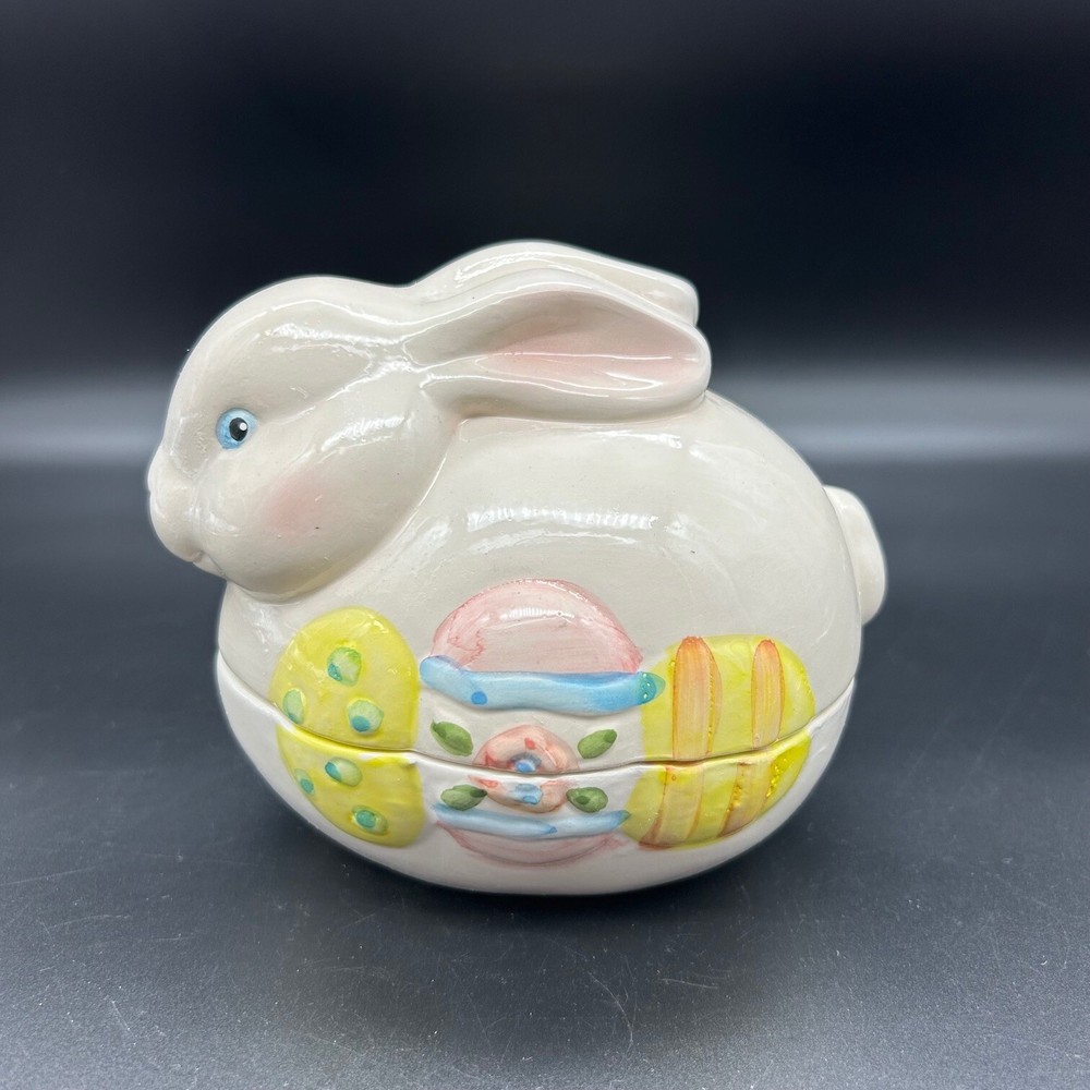 Vtg Earthenware Easter Bunny with Eggs 2 piece Candy Dish NEW in Box