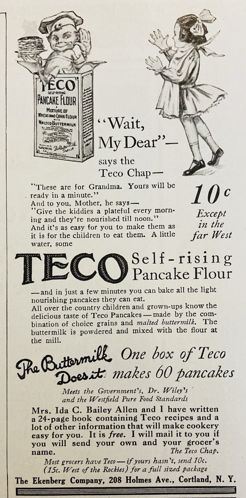 1917 AD.(N13)~THE EKENBERG CO. CORTLAND, NY. TECO SELF-RISING PANCAKE FLOUR