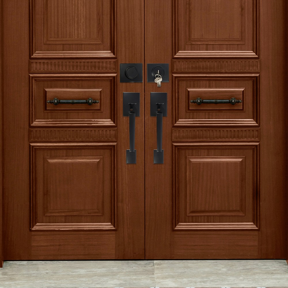 Handle Set w/ Reversible Handle Lever Black Front Door Lock Set Door Handle Set