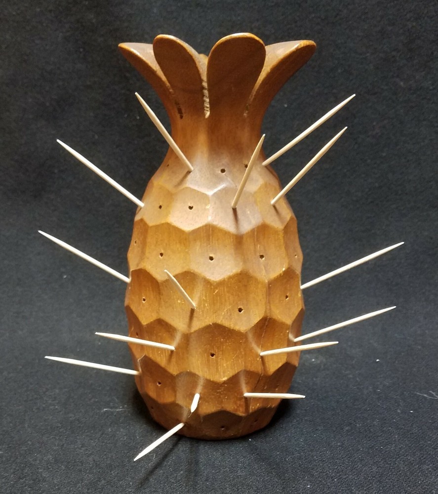 Mid Mod Monkey Pod PINEAPPLE TOOTHPICK HOLDER Acacia Wood MCM by IPC
