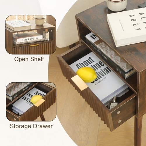 Mid Cetury Modern Nightstand with Charging Rustic Brown With Charging Station
