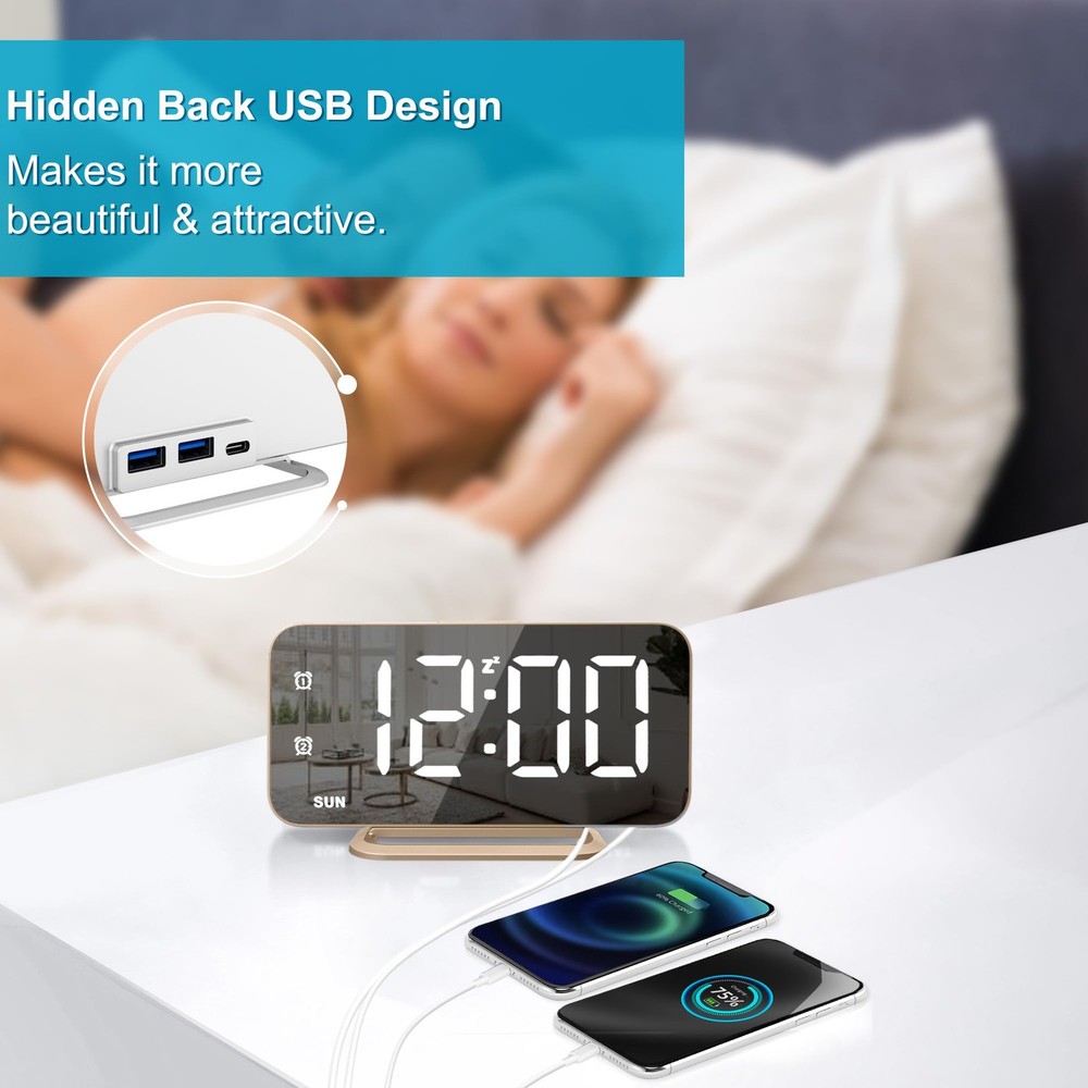Slim Digital Alarm Clock, Mirror Surface for Makeup, with Diming, Large Displ...