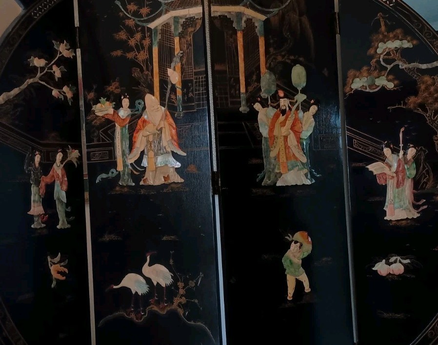 Lovely Asian Lacquered Wood Room Divider, 72" Tall, Mother Of Pearl & Hardstone