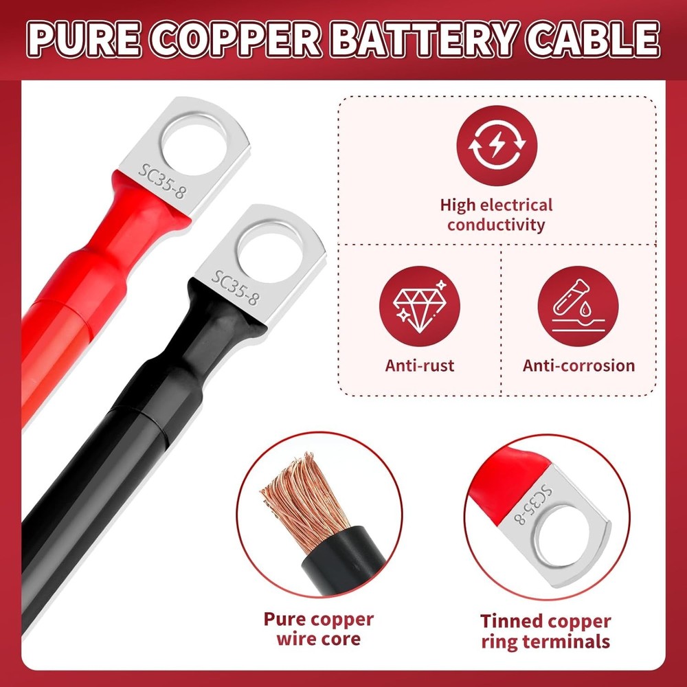 2 AWG Battery Cable 2 Pcs, 5.9 Inch with M8 Ring Terminals