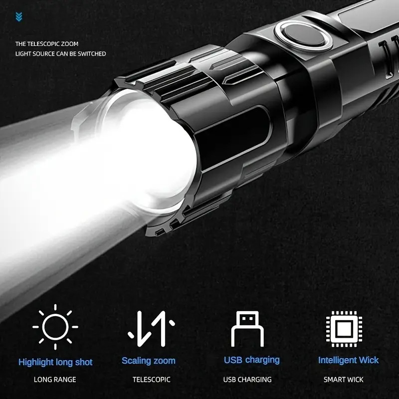 Super Bright Portable Zoom LED Flashlight Built-in Battery Type-C Rechargeable