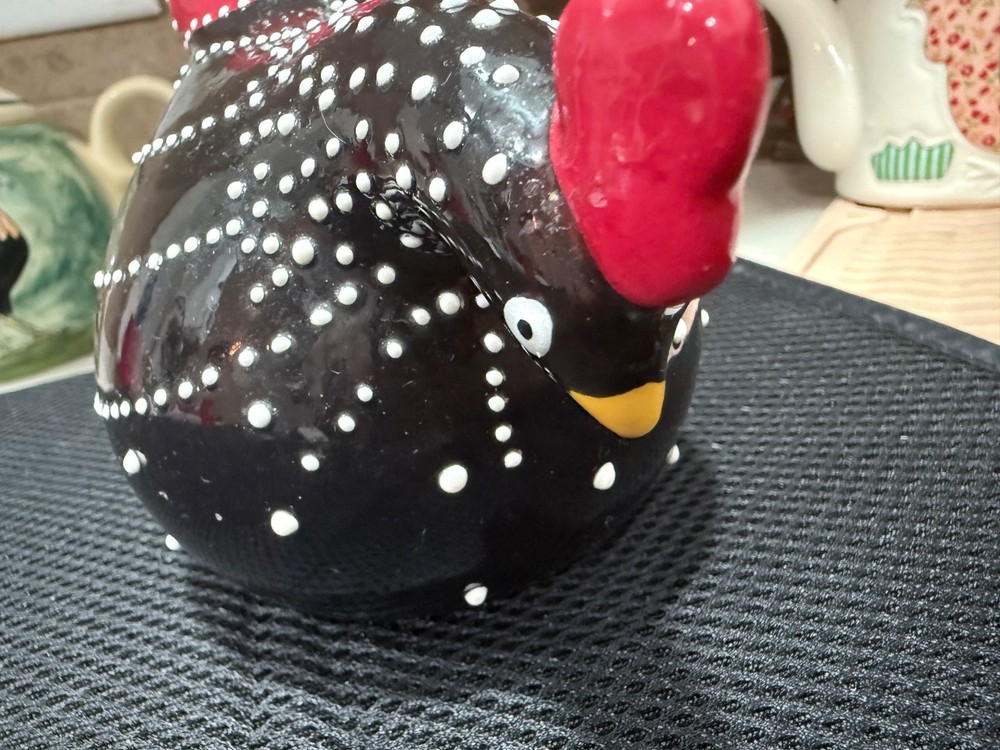 Ceramic Hen Large Round Chicken Black Red Raised White Dots a