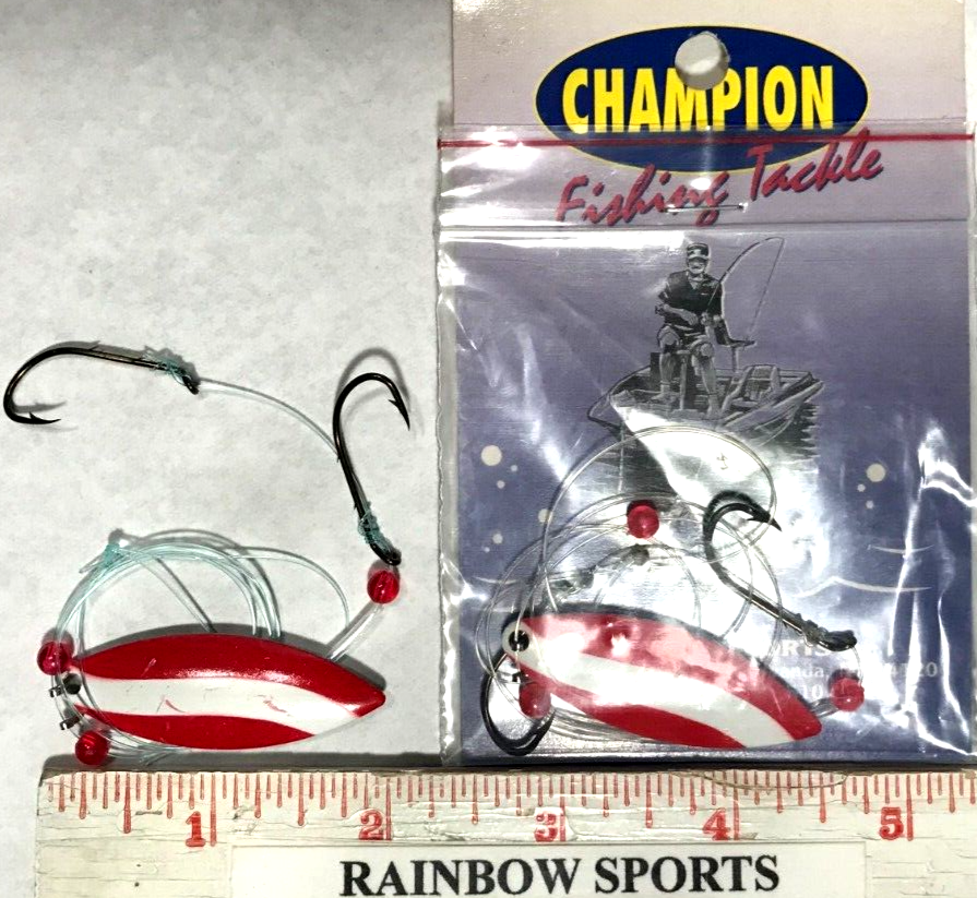 2 CHAMPION WORM HARNESS #4 WILLOW LEAF PAINTED RED/WHITE stripe. 1 BLADE