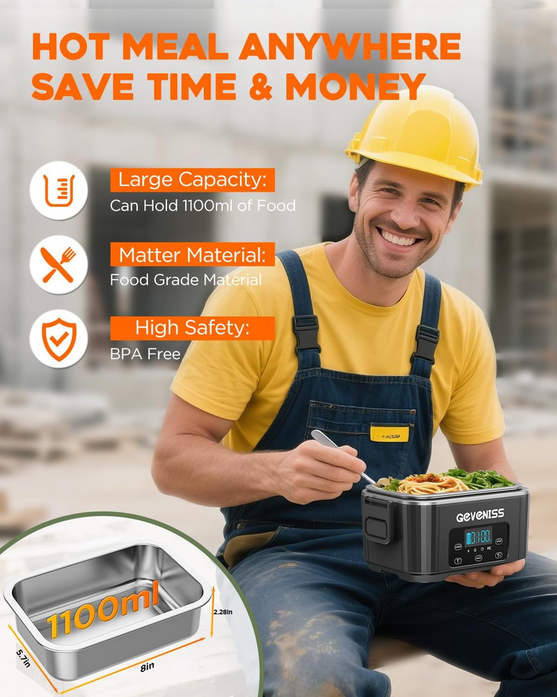 Portable Cordless Electric Lunch Box with Timer & Leakproof 1.1L Container