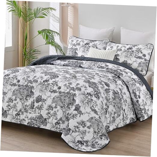 Botanical Quilt Set Size 3 Pieces Toile Floral Plants Printed Queen Black