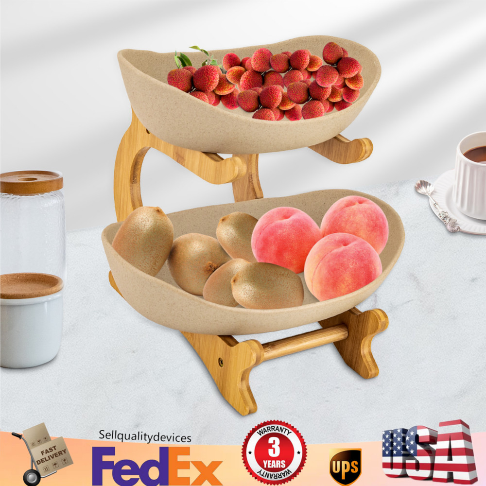 Fruit Basket Bamboo Ceramic Fruit Storage Bowl 2 Tier For Vegetable Snack Box