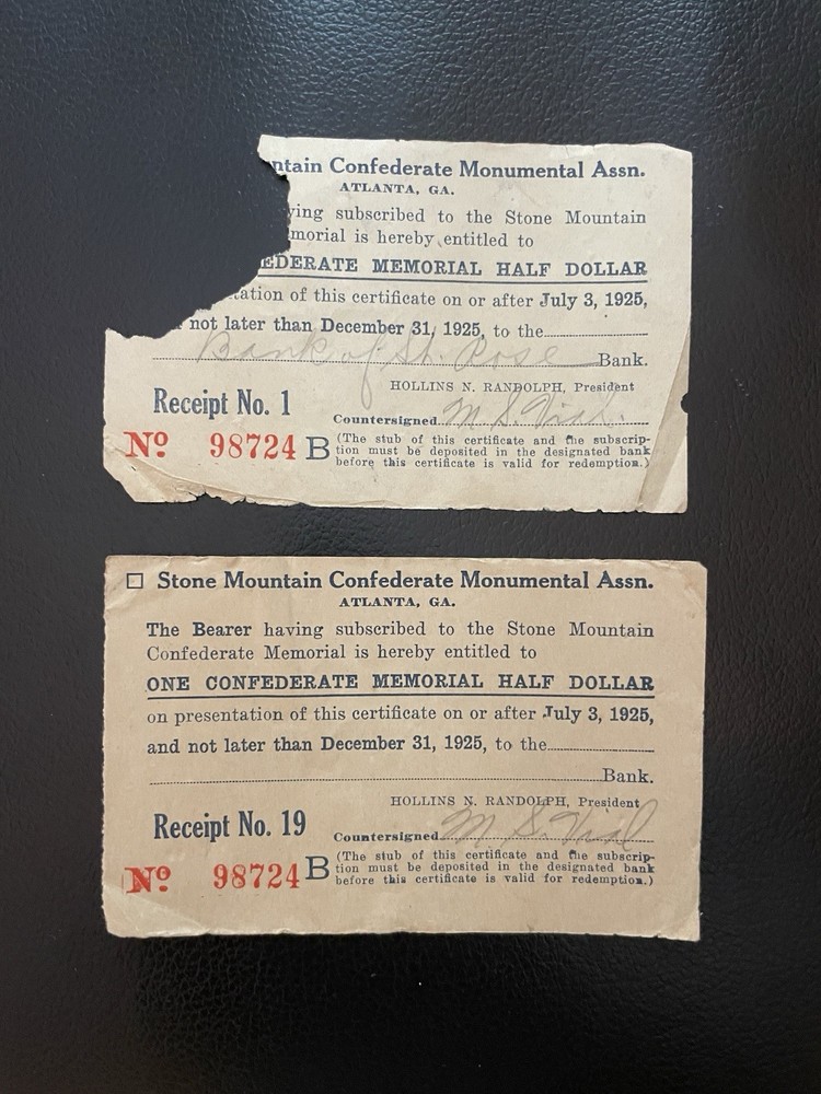 Stone Mountain Confederate Memorial Half Dollar Coin Receipts