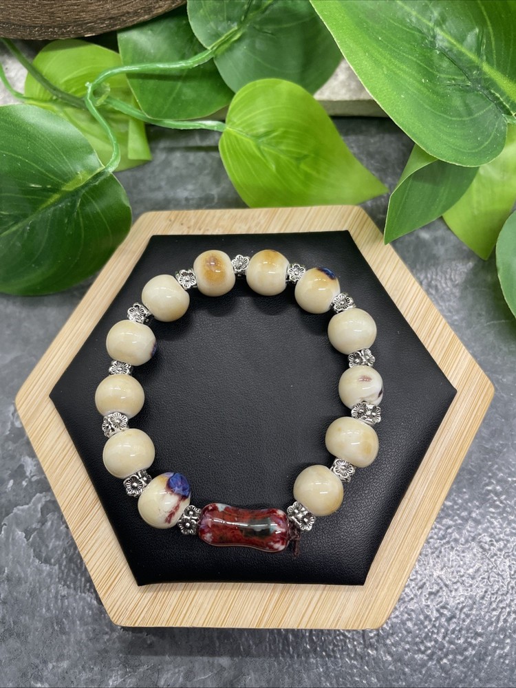 Handmade Ceramic Bead Beaded Stackable 6.25” Plus Stretch Bracelet New B242
