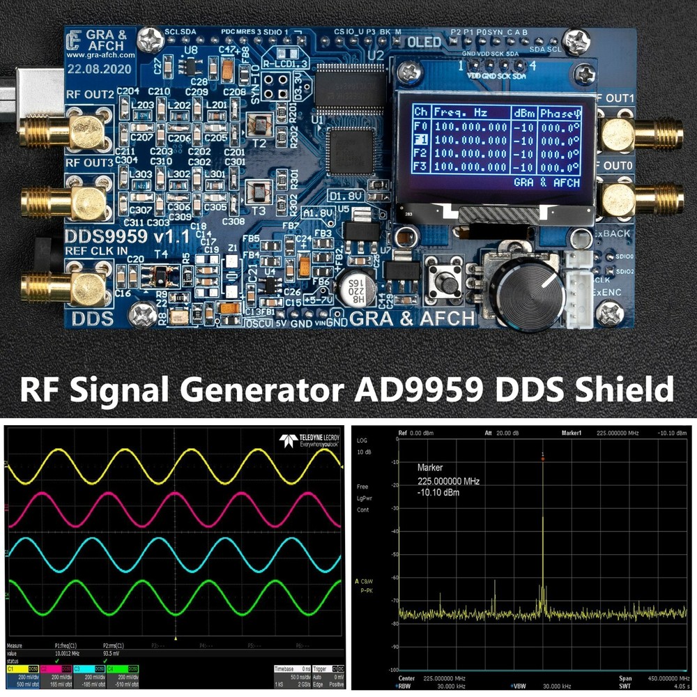 DDS AD9959 Shield RF Signal Generator 4 Sync Channels 225MHz @600MHz NO ARDUINO