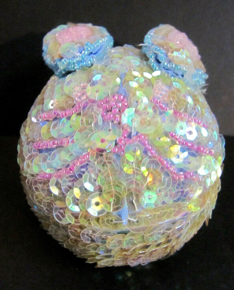 Sequin Beaded Easter GREEN Bunny Rabbit Egg Trinket Box Candy Container