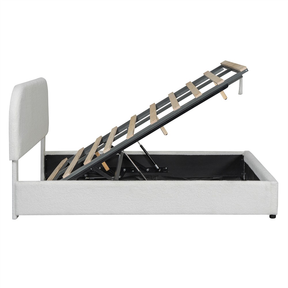 Full/Queen Size Upholstered Platform Bed w/ Hydraulic Storage System White/Gray