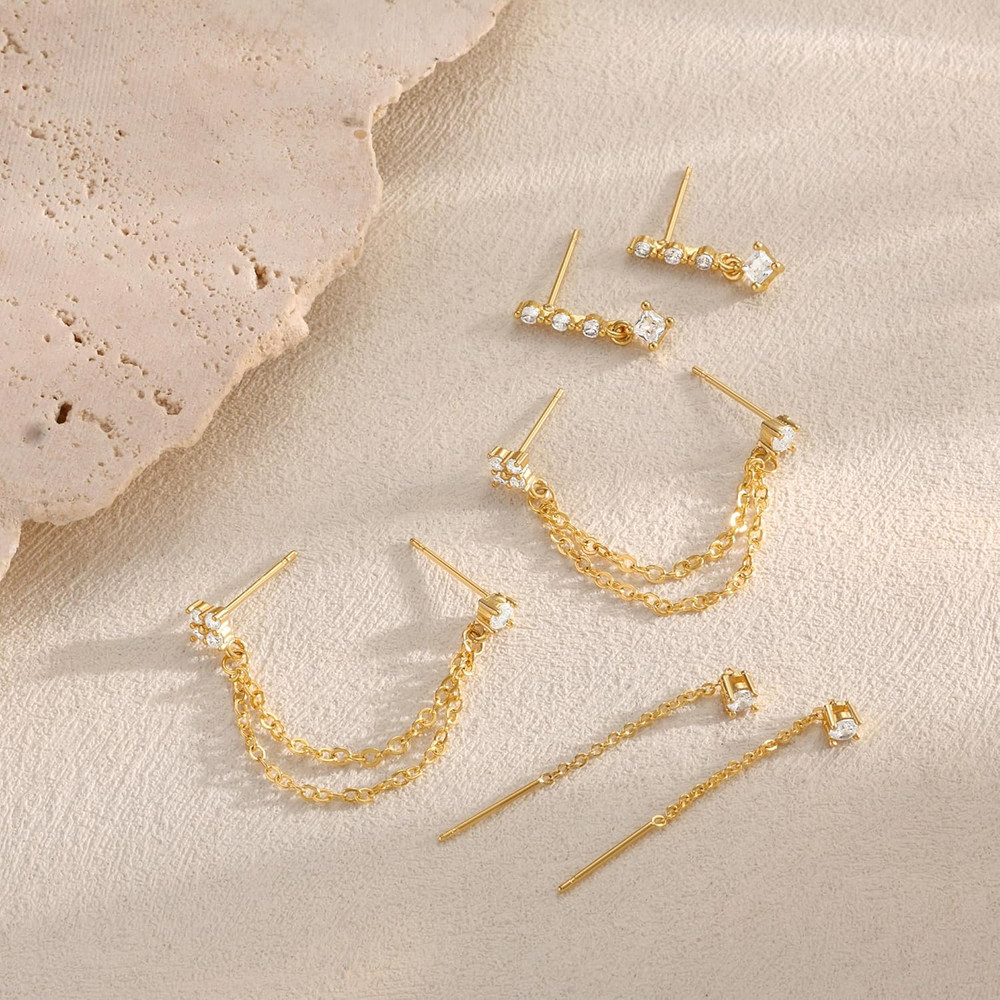14K Gold Plated Dangle Earrings Set CZ Hoop Stud Stack
