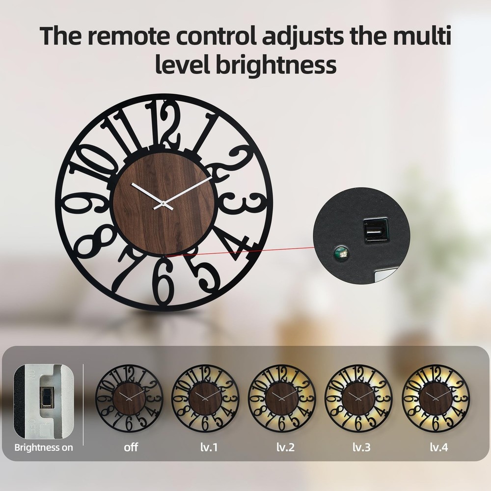 LEIKE Large Wall Clock 32'' Lighted Rustic Wood Clock with Remote Timer, Sile...