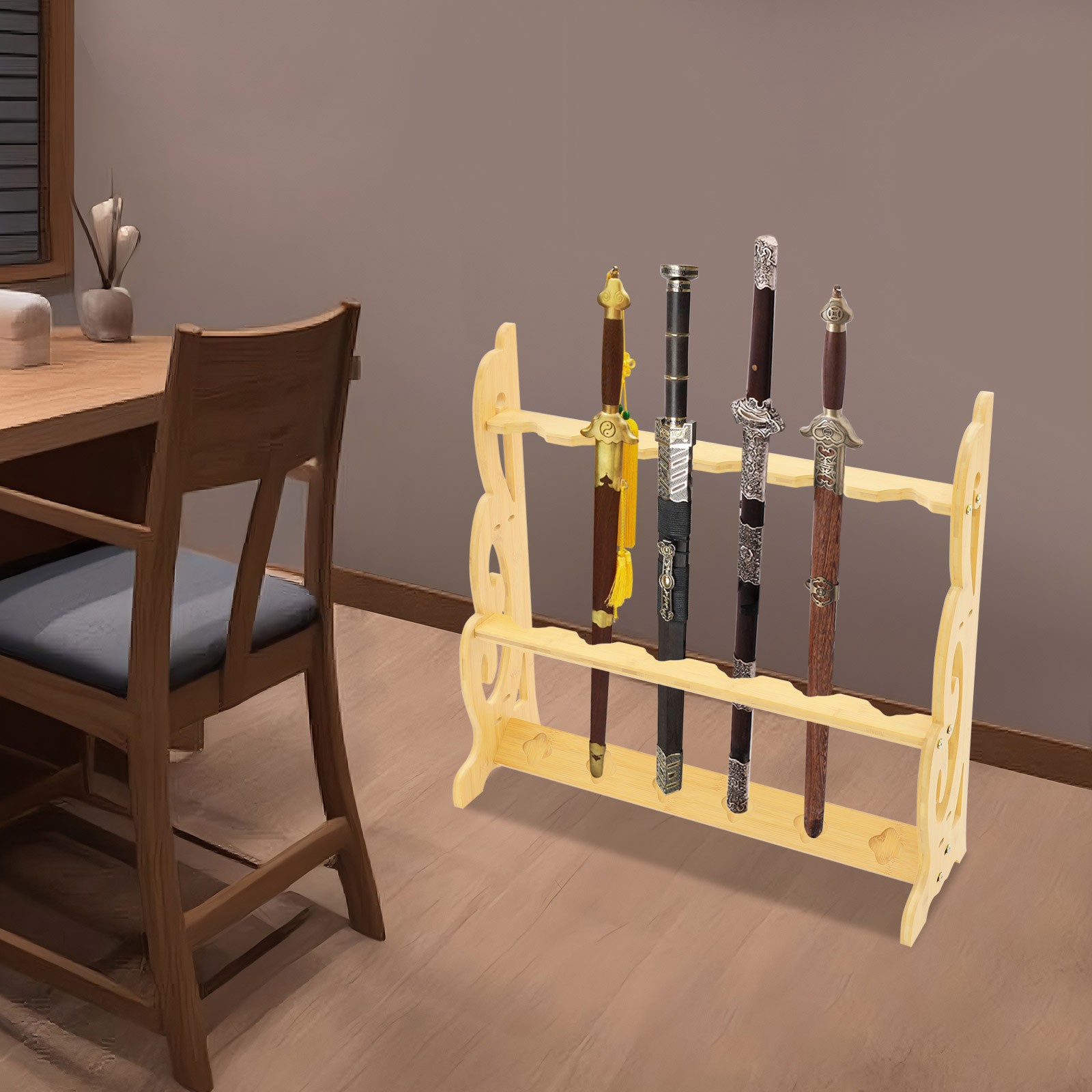 Adjustable 6-Hole Vertical Sword Display Stand - Elegant Bamboo Holder