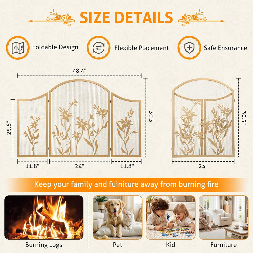 Fireplace Screen 3 Panel Folding Fireplace Screens 48.4 X 25.6 Inch Lily Pattern