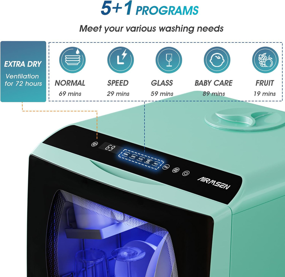 Portable Countertop Dishwashers, 5 Washing Programs Mini Dishwashers with 5 L Bu