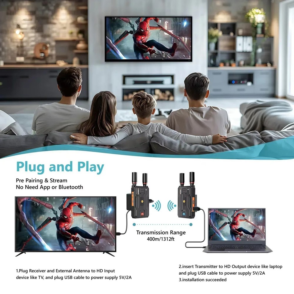 Wireless HDMI Extender Video Transmitter and Receiver 4K 5G Streaming 1312FT