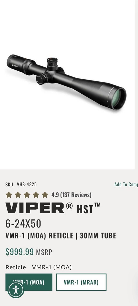 Vortex Viper 6-24x50 Rifle Scope, MOA, VMR-1