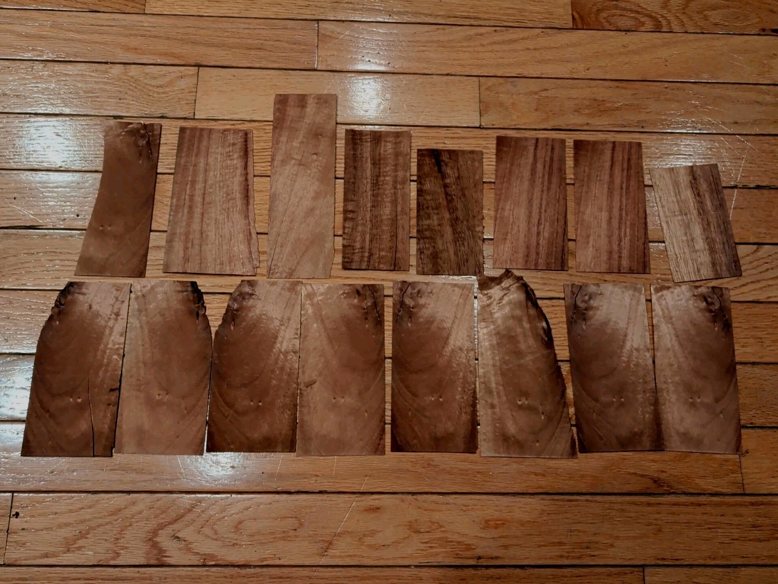 8 pieces Koa wood veneer 2" x 6" & 3" raw some 1/42" + 9 more pieces cracks