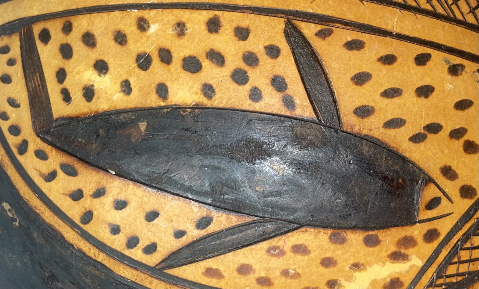 Vintage Large African Carved Gourd With Fish Bird And Scorpion Motif -Bowl