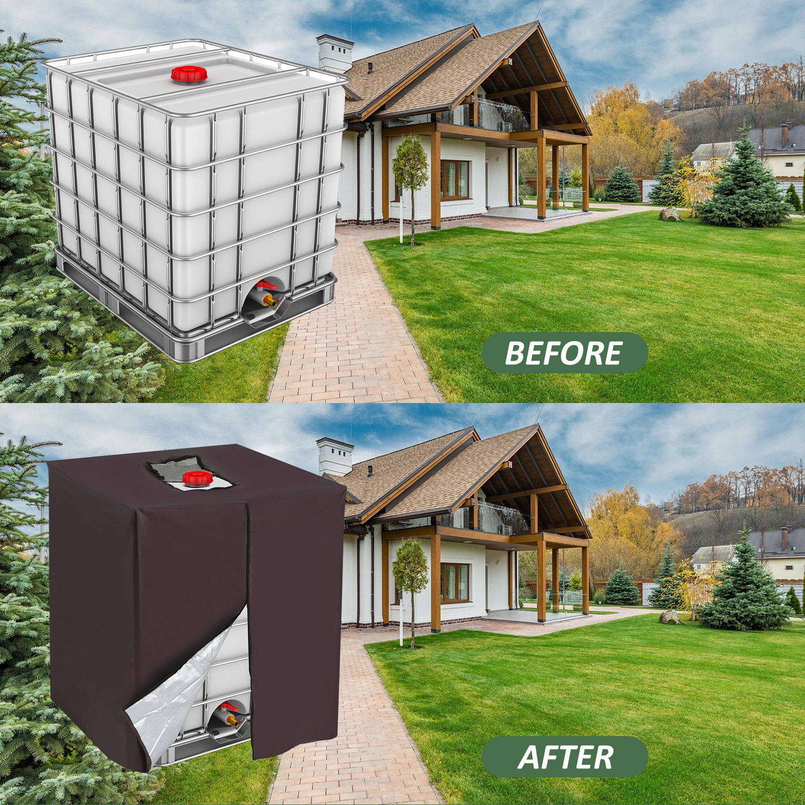 275 Gallon Zipper IBC Tote Cover 420D Oxford 1000L Water Tank Protective Brown