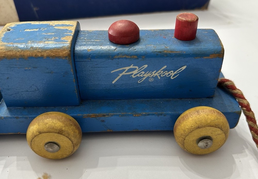 Vintage Playskool Wooden Freight Train Pull Toy - Complete with Original Box