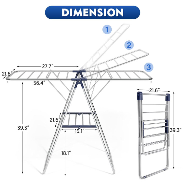 Clothes Drying Rack, Height-Adjustable, Foldable Gullwings Laundry Drying Rack