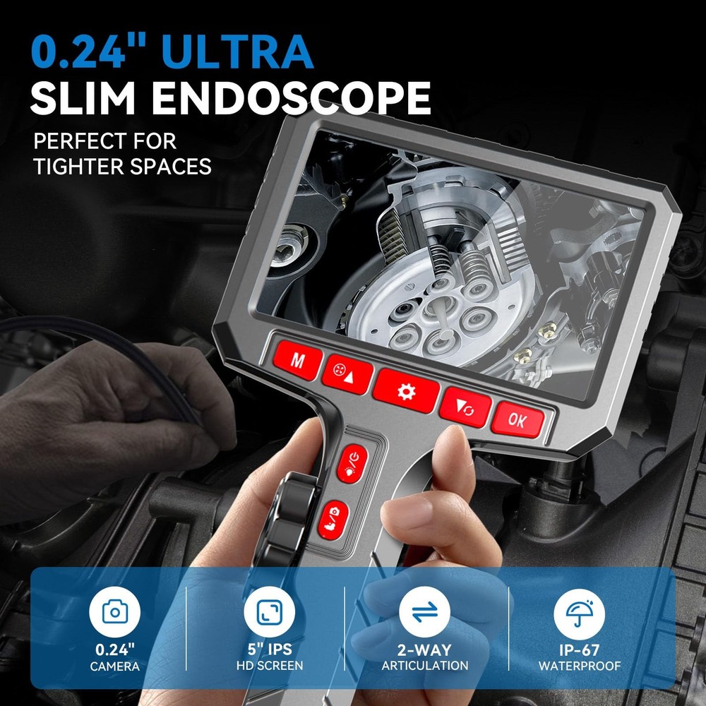 Articulating Borescope Camera with Screen, 2-Way Flexible Inspection Camera w...
