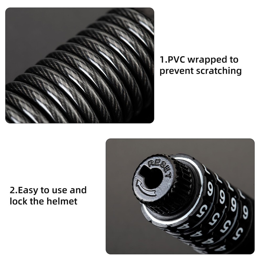ROCKBROS Motorcycle Helmet Lock - 4 Digit Retractable Cable for Black