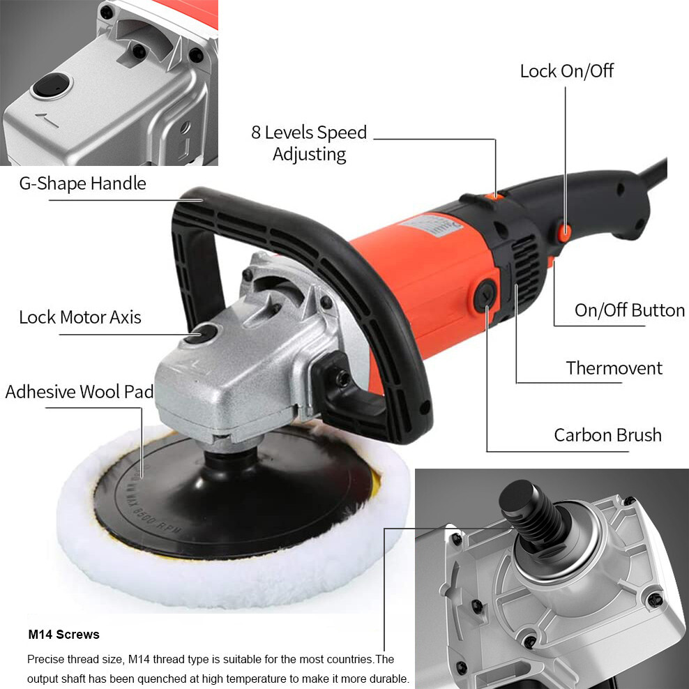 Car Polisher Buffer Sets 8 Variable Speeds with 2 Ergonomic Handle Switch Lock