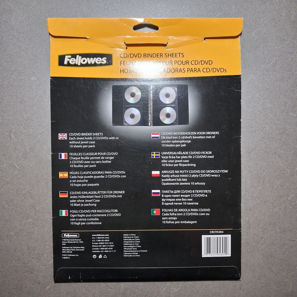 Fellowes CD DVD Protective 3 Ring Binder Sleeves Holds 20 Discs / 10 Sheets
