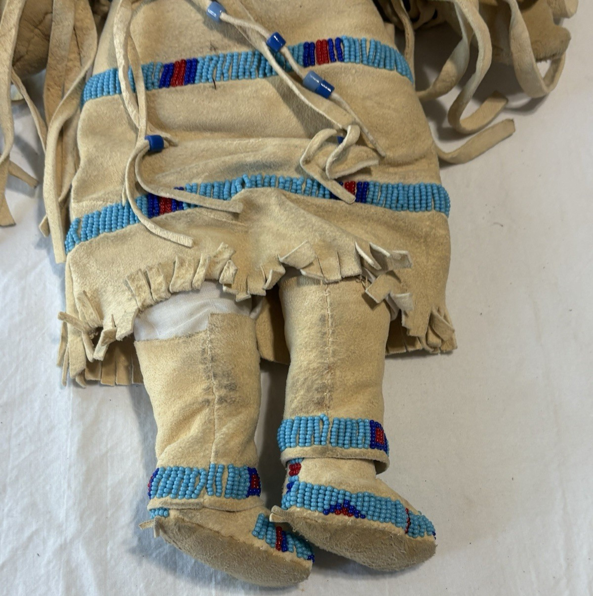 Vintage Native American Handmade Buckskin Beaded Doll 16"” Real Hair