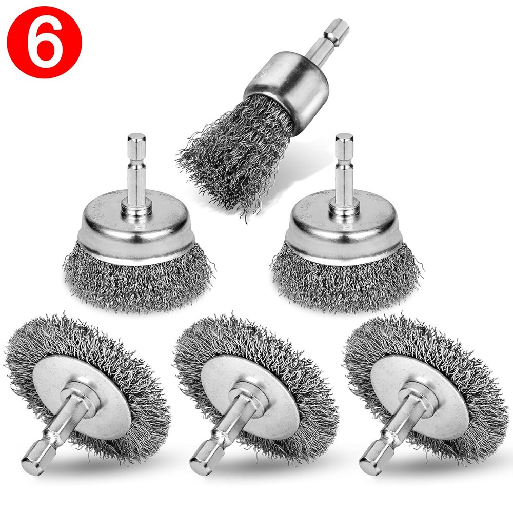 6 Pack Wire Brush Drill Attachment Set Carbon Steel Rust Paint Remover Tool Kit