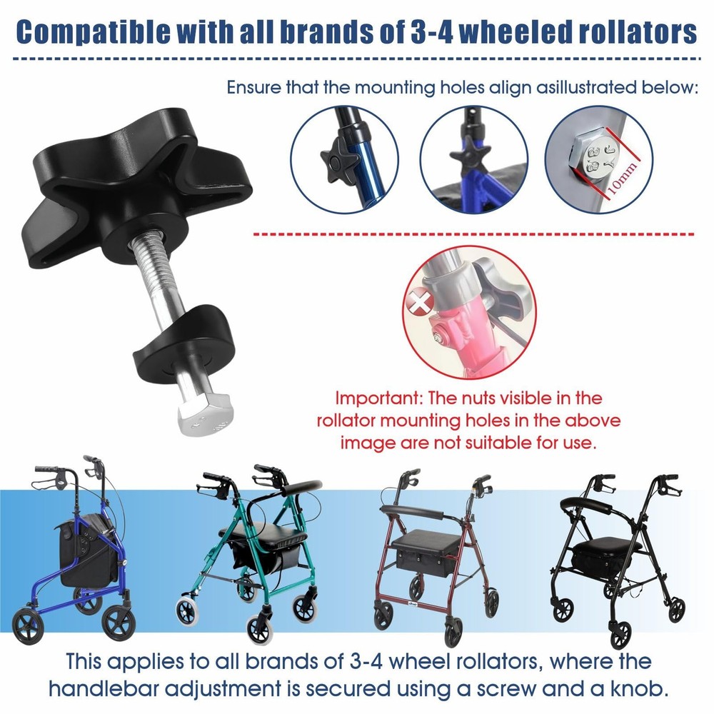 Rollator Walker Replacement Knobs - Easy-Grip Screws for 3 or 4 Wheel Rollators